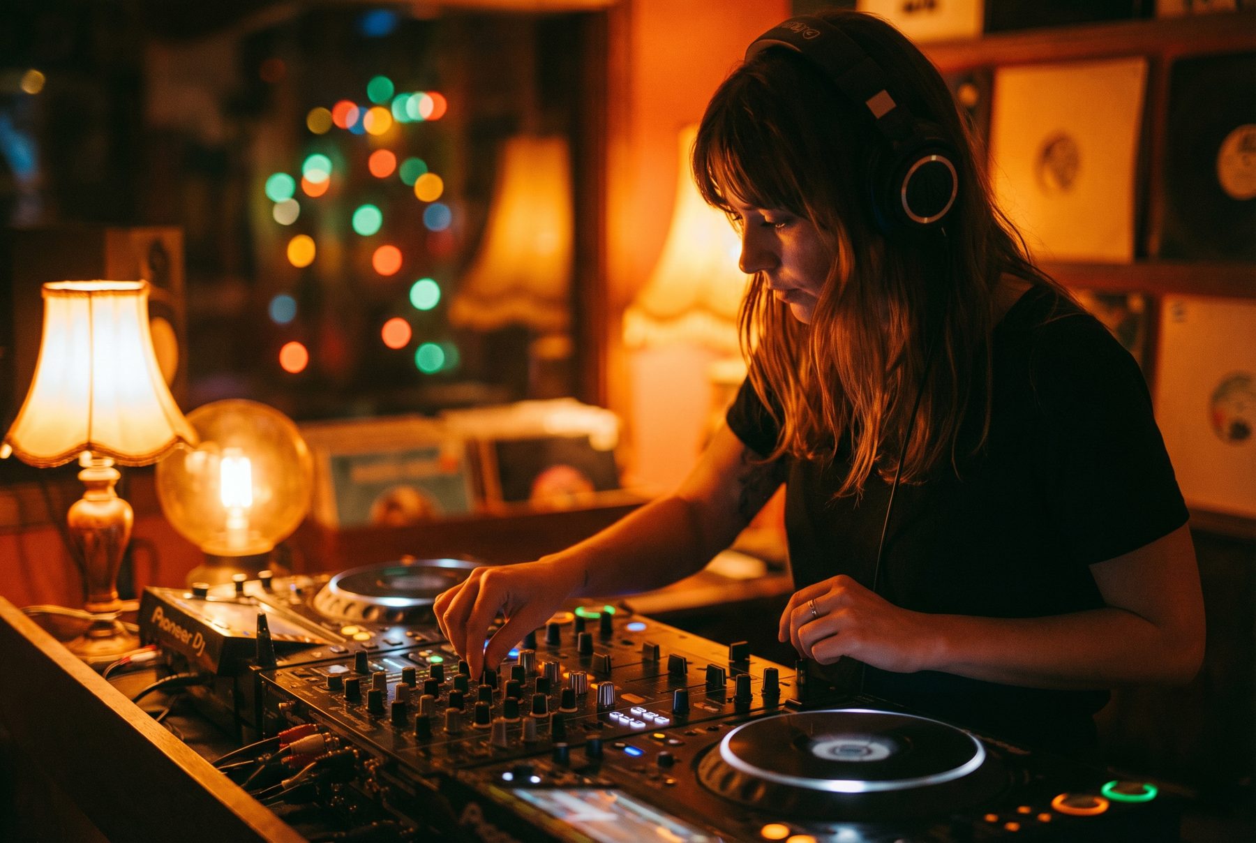 A DJ mixing at the decks in a warm, low-lit room