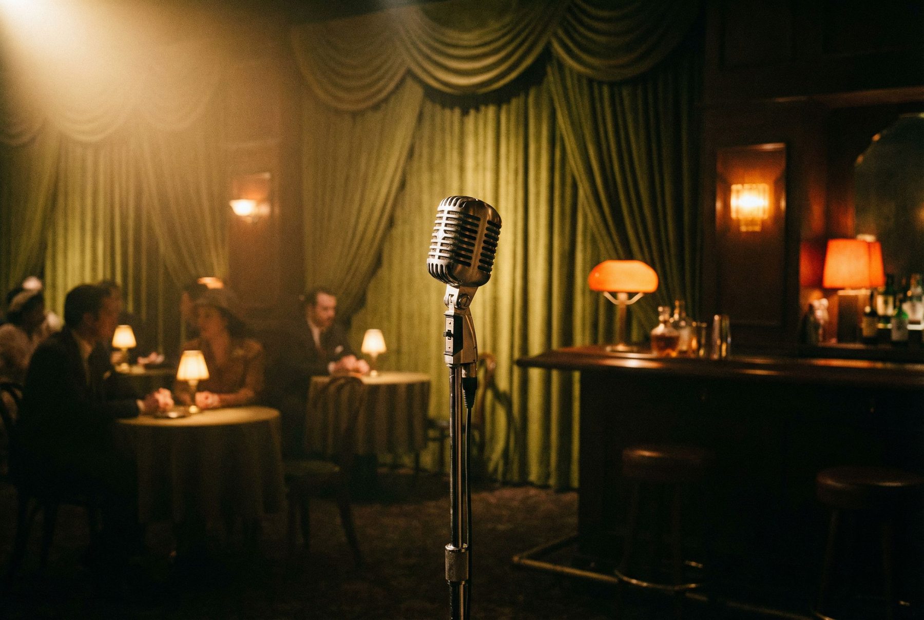 A lounge at night — vintage microphone, velvet curtains and lamplight